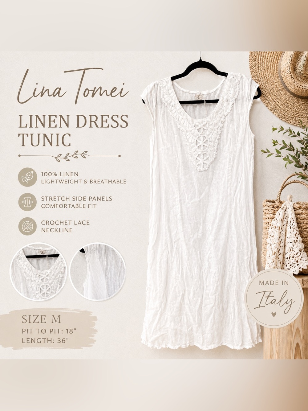 Lina Tomei White Linen Crochet Trim Dress Tunic Size M Made in Italy
